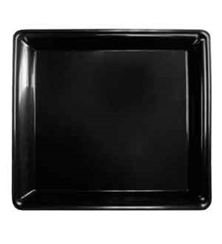 Square black serving tray with raised edges, glossy finish, 16x16 inches.