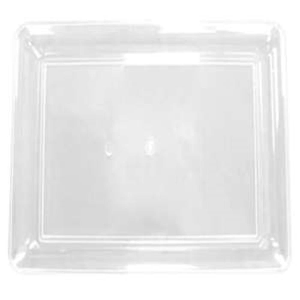 Clear square plastic serving tray with raised edges and smooth surface, 16x16 inches.