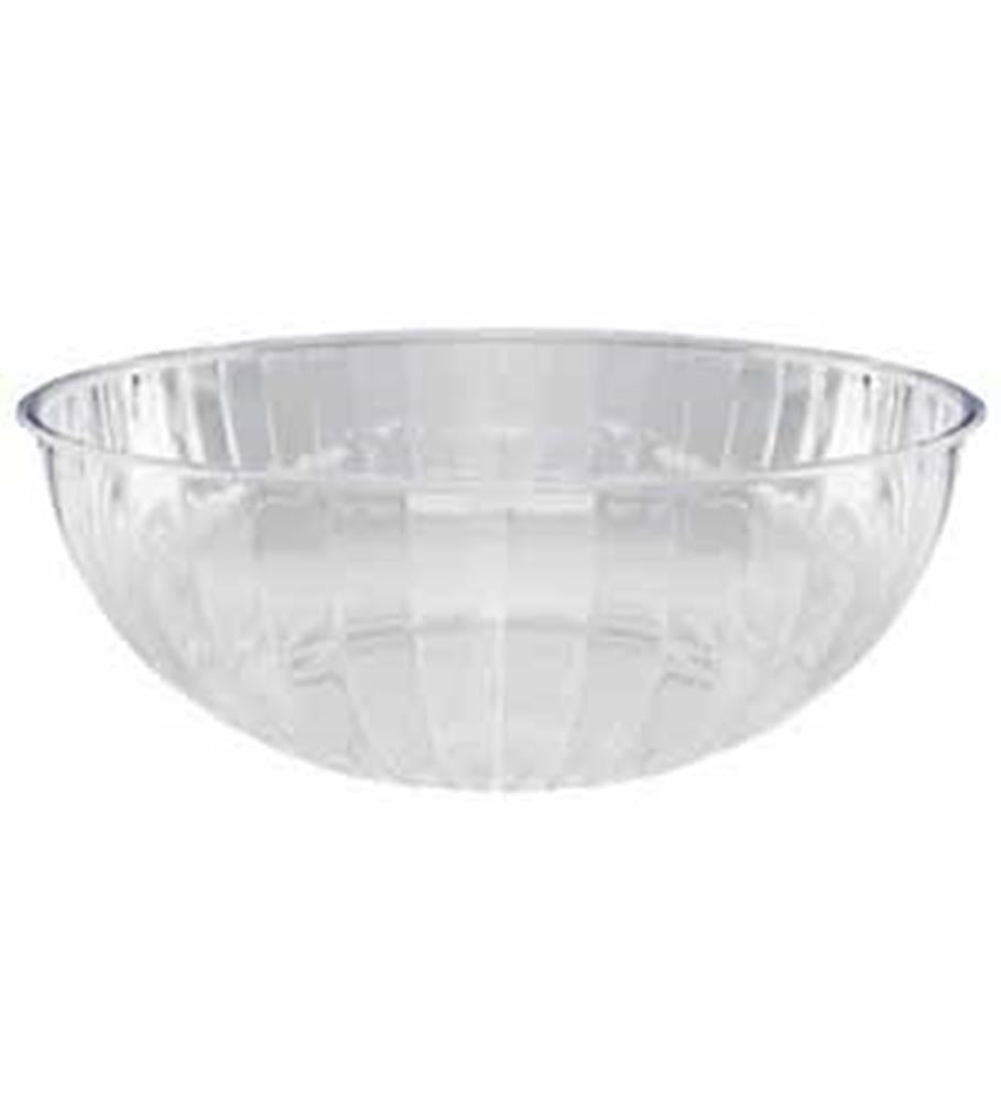 Large clear round plastic serving bowl with subtle vertical ribbed pattern and wide rim.