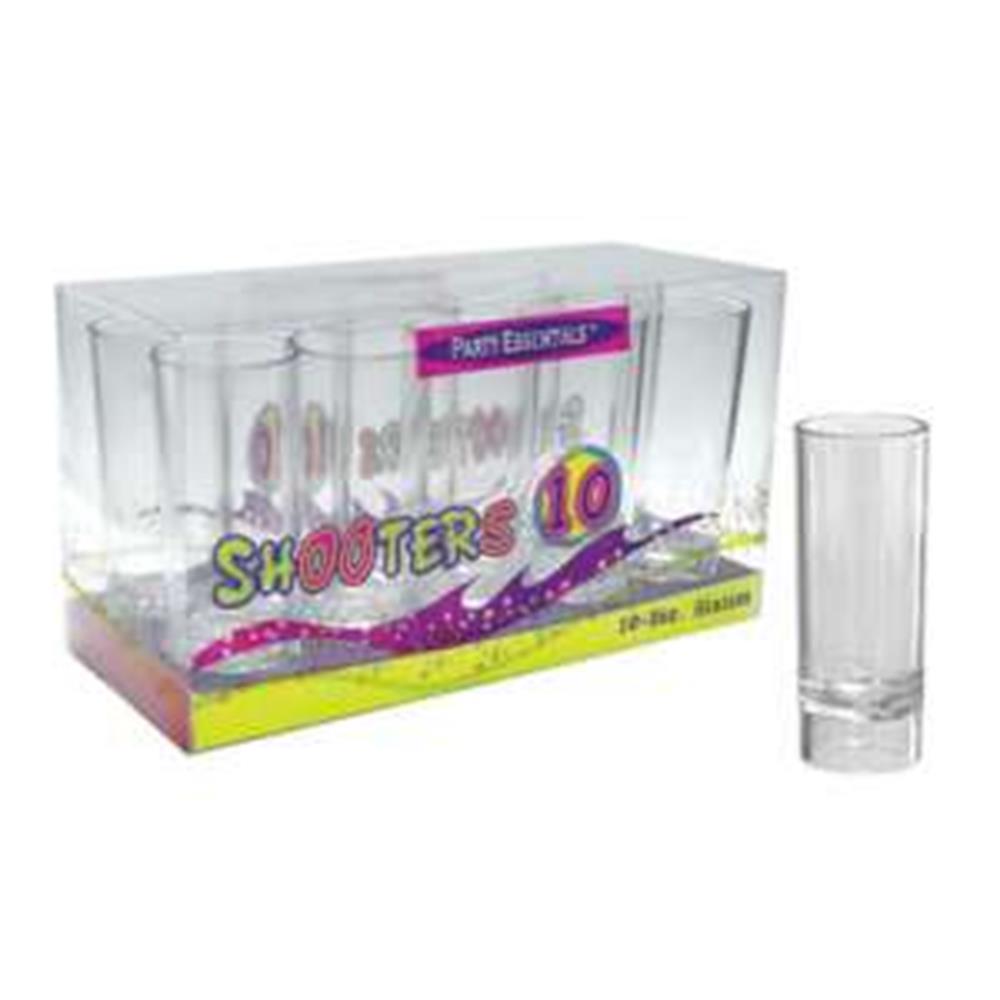 Set of ten clear 2oz glass shooter glasses with a thick base, packaged in a transparent box.