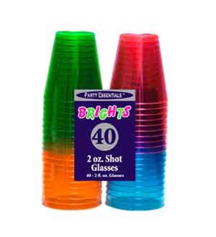 Stacked neon shot glasses in green, red, blue, and orange, 2 oz capacity, plastic.
