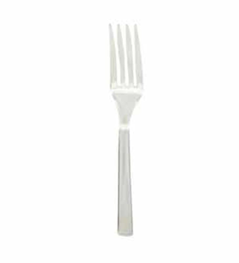 Single clear plastic fork with four tines and a simple, smooth handle.