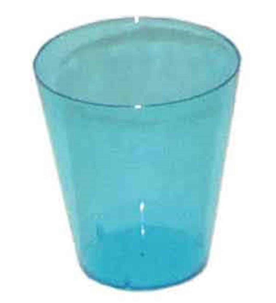 Neon blue translucent plastic shot glass with a smooth, rounded rim and tapered sides.