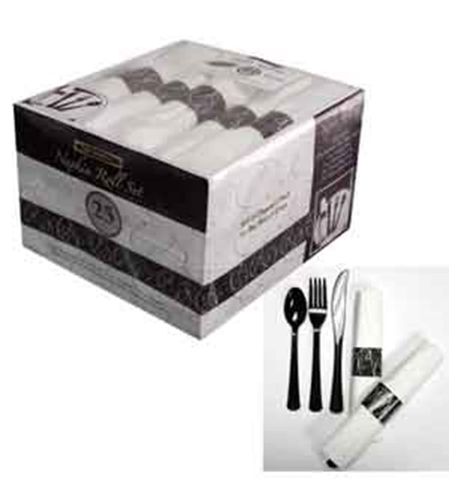 Square white box with black decorative accents containing 25-piece black cutlery sets wrapped in white napkins with black.