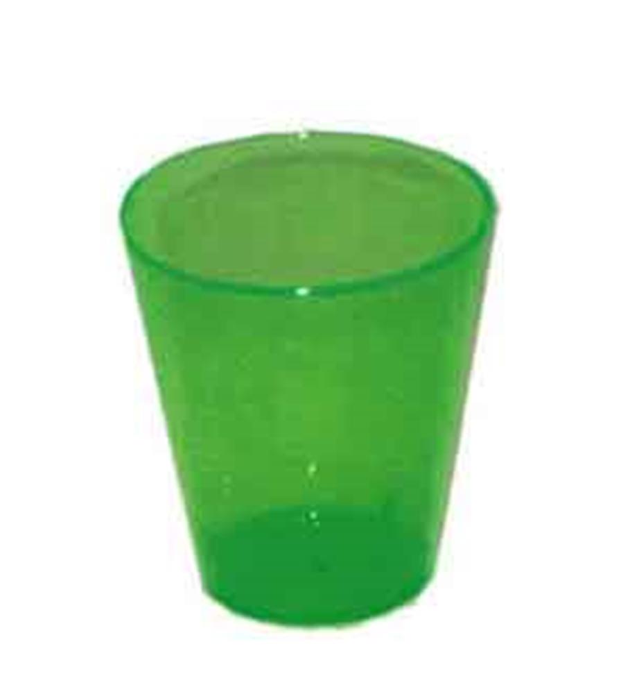 Set of neon green translucent plastic shot glasses, 2-ounce capacity, tapered cylindrical shape.