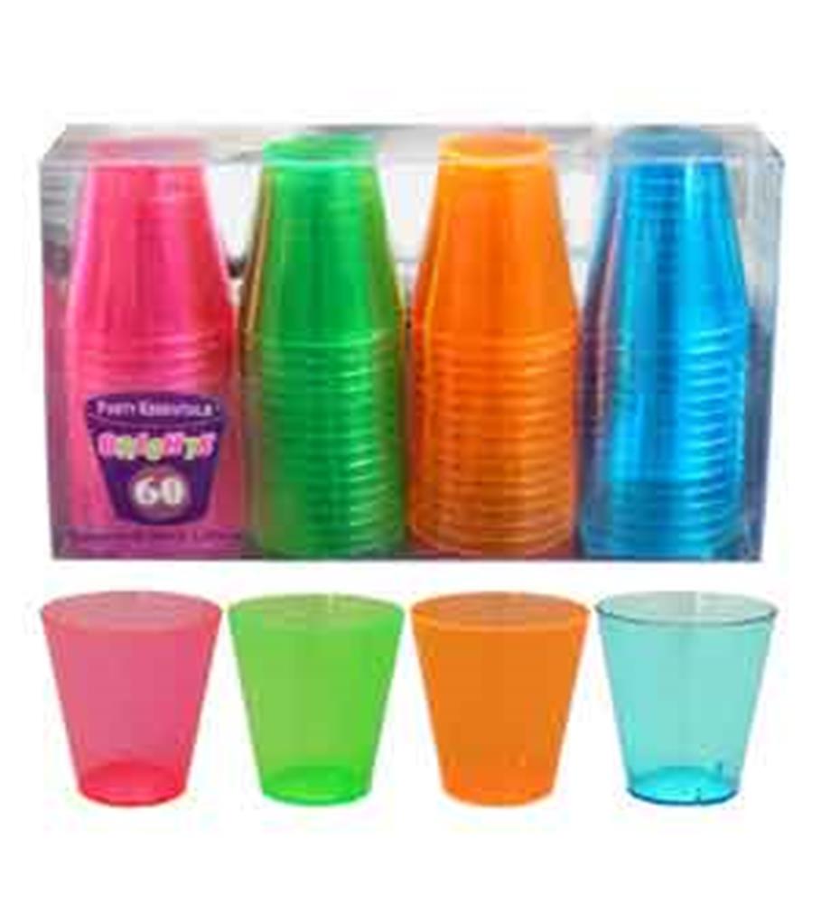 Set of 60 neon-colored 2oz plastic shot glasses in pink, green, orange, and blue, stacked in clear packaging.