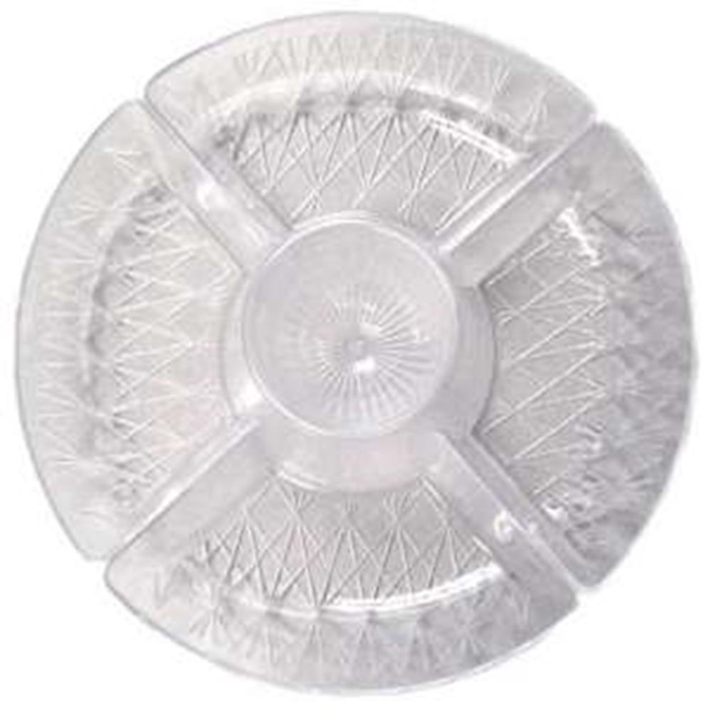 Clear round plastic tray with diamond-cut pattern, four divided compartments, and a central circular section.