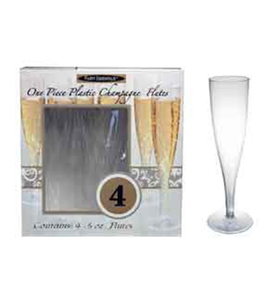 Set of four clear plastic champagne flutes with slender stems in retail packaging.