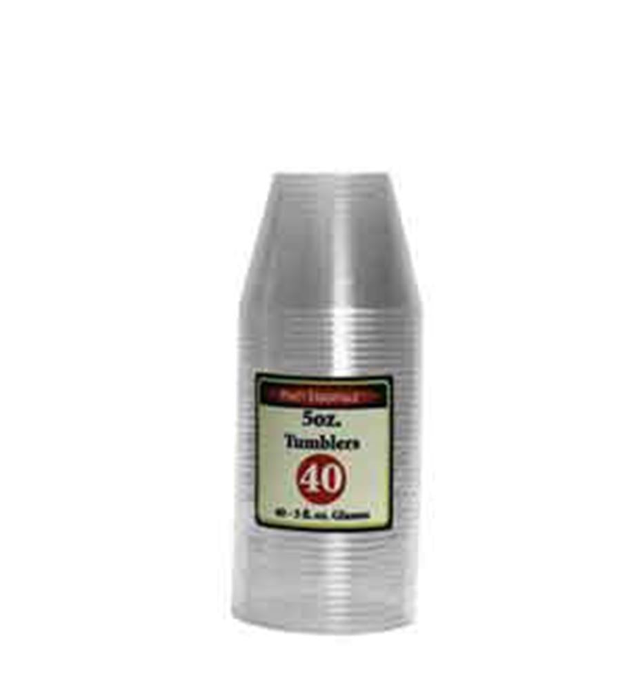 Stack of clear plastic tumblers with a 5oz capacity and a label indicating 40 count.