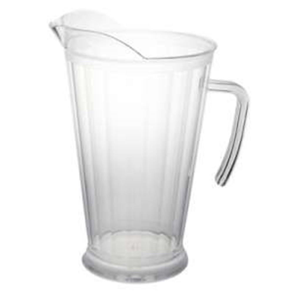 Clear plastic pitcher with a 60oz capacity, featuring vertical ridges and a handle.