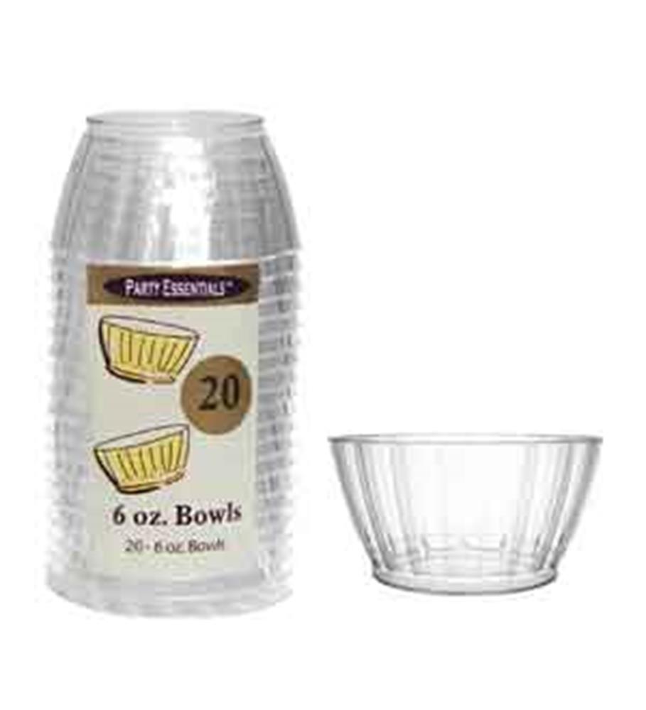 Set of 20 clear plastic bowls, 6oz capacity, with subtle vertical ridges and smooth rims.