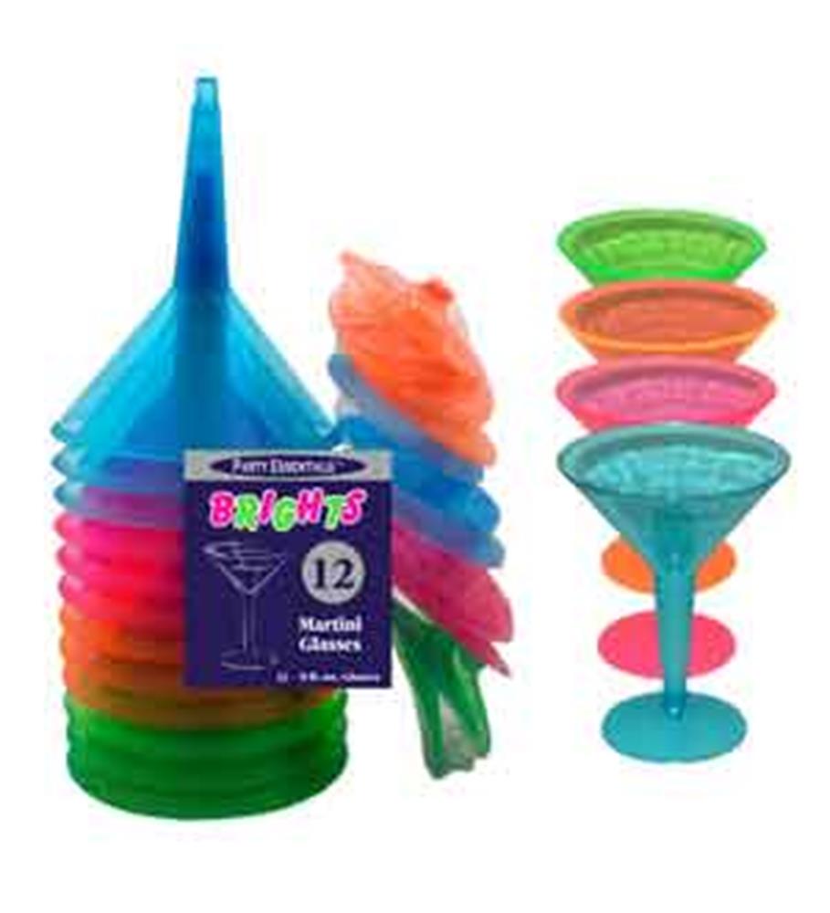 Stacked neon martini glasses in blue, pink, orange, green, and turquoise plastic with slim stems and wide bowl shapes.