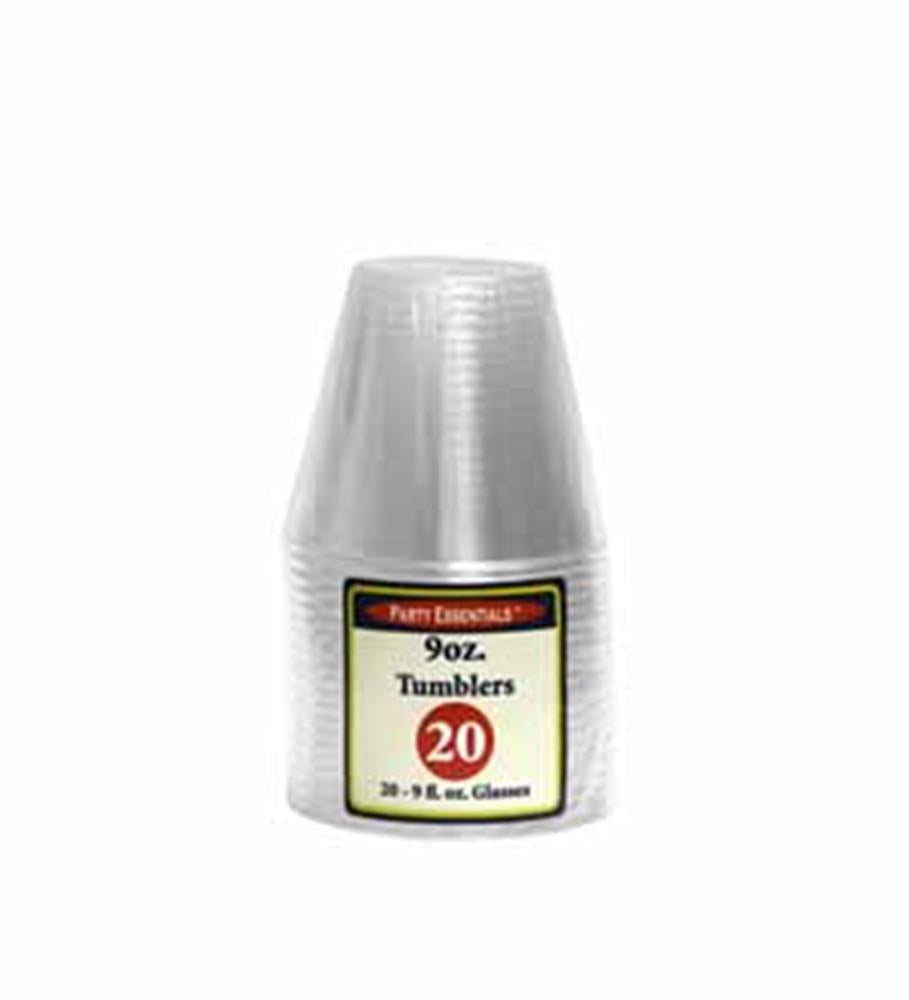 Stack of clear plastic tumblers, 9oz capacity, smooth rim, slightly tapered shape, labeled pack of 20.