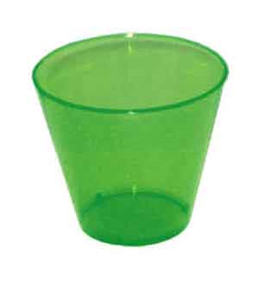 Neon green translucent plastic tumbler with 9oz capacity and slightly tapered sides.