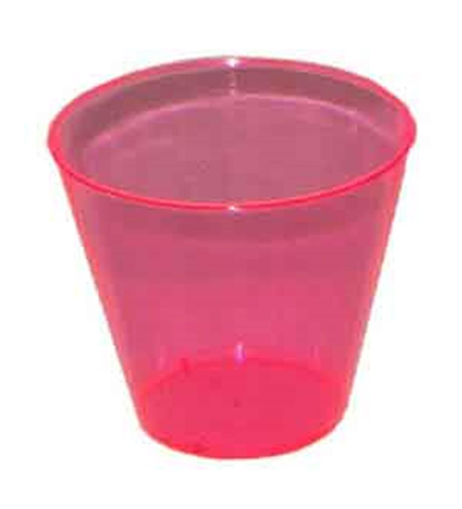 Bright neon pink translucent plastic tumbler with a wide rim and tapered shape, 9oz capacity.