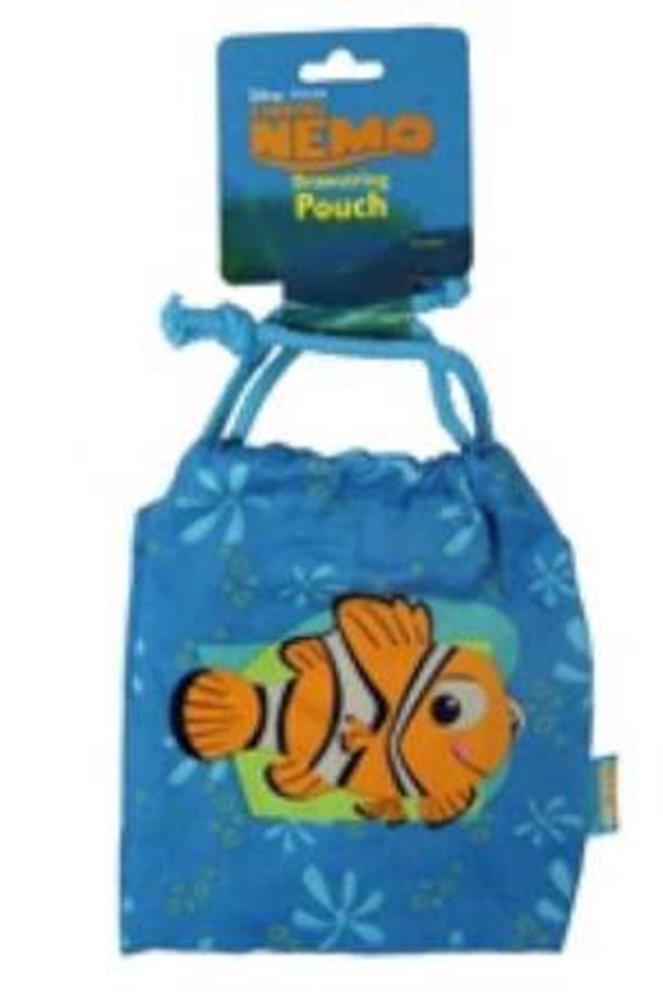 Blue canvas string bag featuring a bright orange clownfish graphic with white stripes and black outlines.