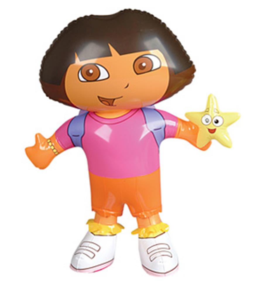 24-inch inflatable Dora character with brown hair, pink shirt, orange shorts, white shoes, and a smiling yellow star.