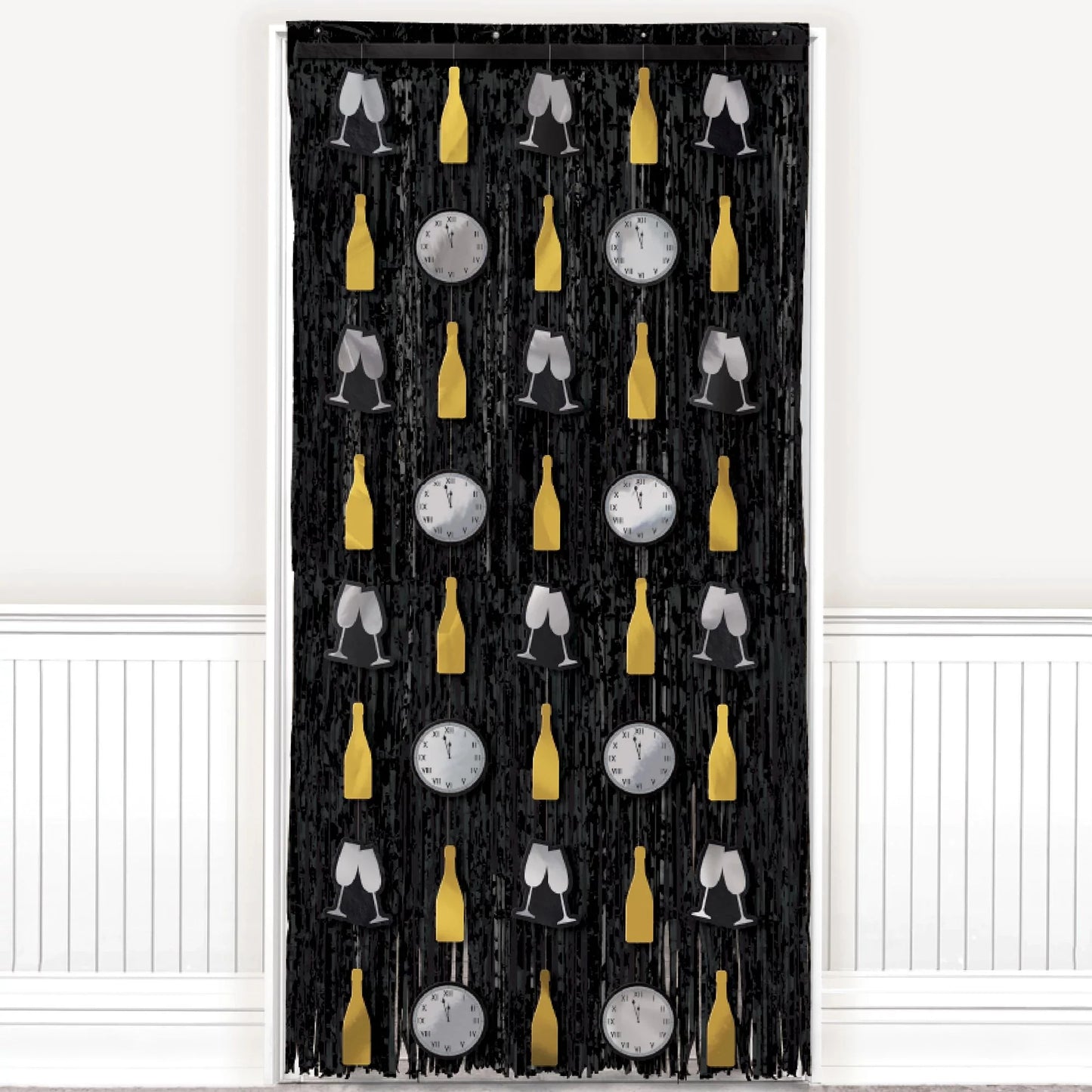 Black New Year's door curtain with gold champagne bottles, silver clocks, and white clinking champagne glasses pattern.
