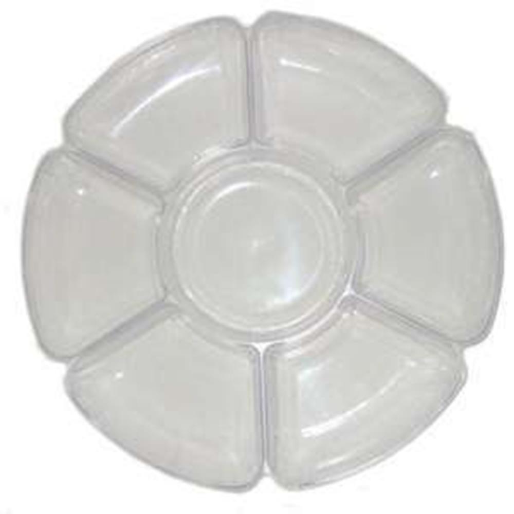 Clear round plastic serving tray with seven sections, measuring 16 inches in diameter.
