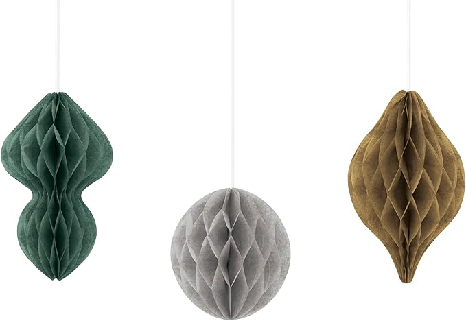 Set of three honeycomb paper Christmas ornaments in green teardrop, gray round, and gold diamond shapes with hanging strings.