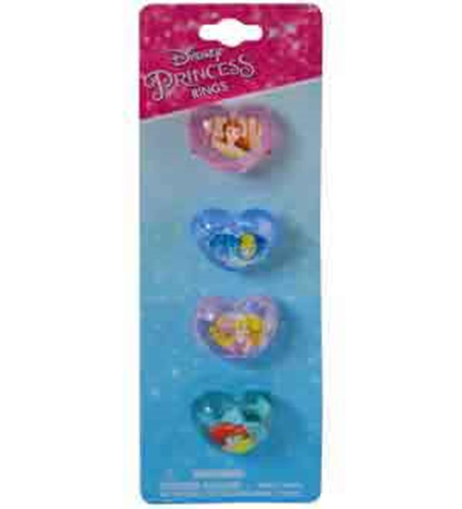 Set of four plastic rings featuring heart-shaped translucent bands in pink, blue, purple, and turquoise with colorful Disney