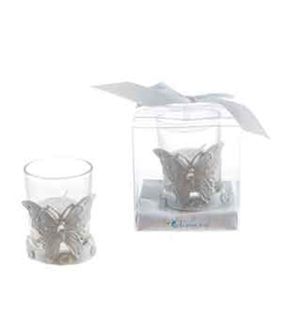 Clear glass candle holder with detailed silver butterfly decoration and matching butterfly gift box.
