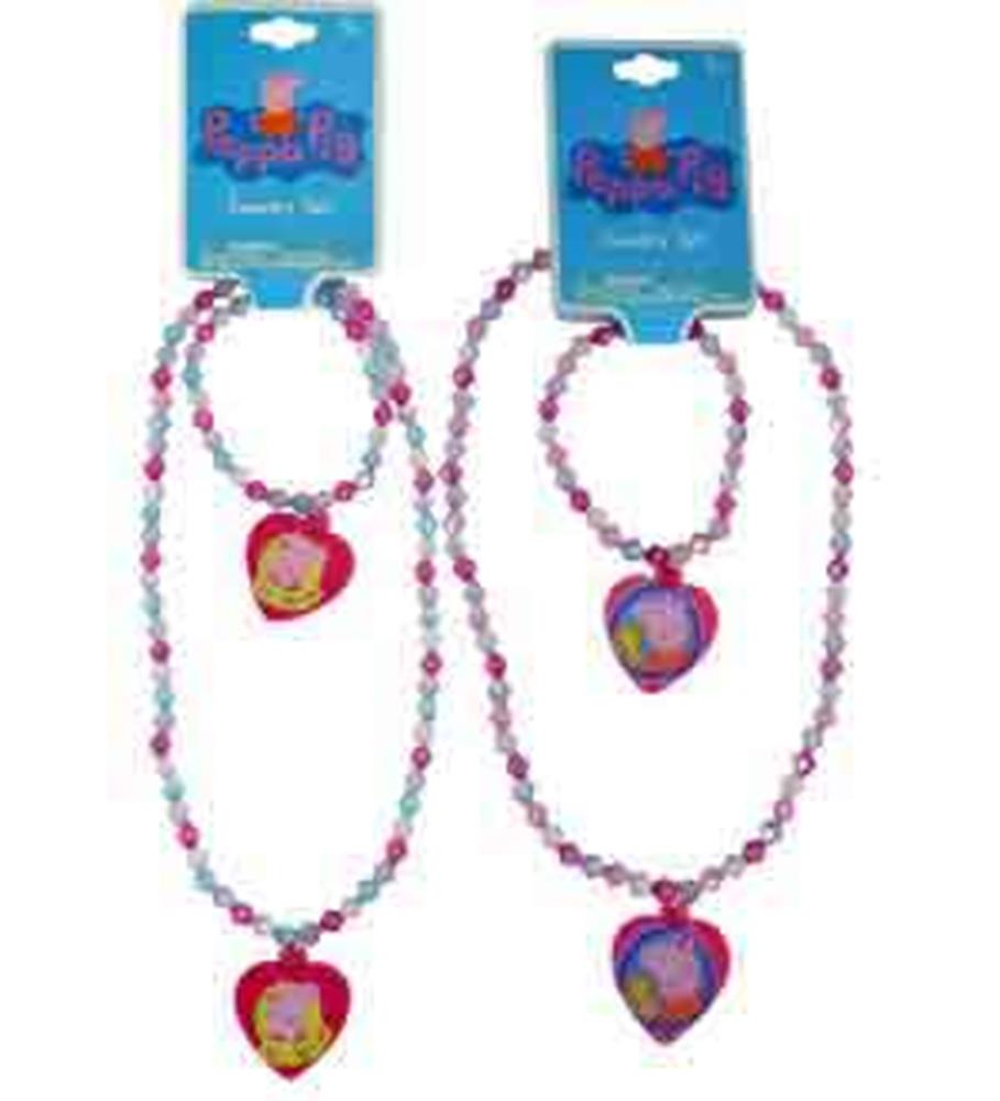 Two Peppa Pig-themed necklace and bracelet sets with pink and white beads and heart-shaped character pendants.