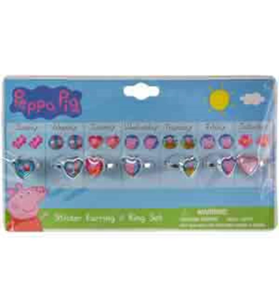 Peppa Pig-themed girls’ ring and stud earring set with colorful heart and character designs on display card.