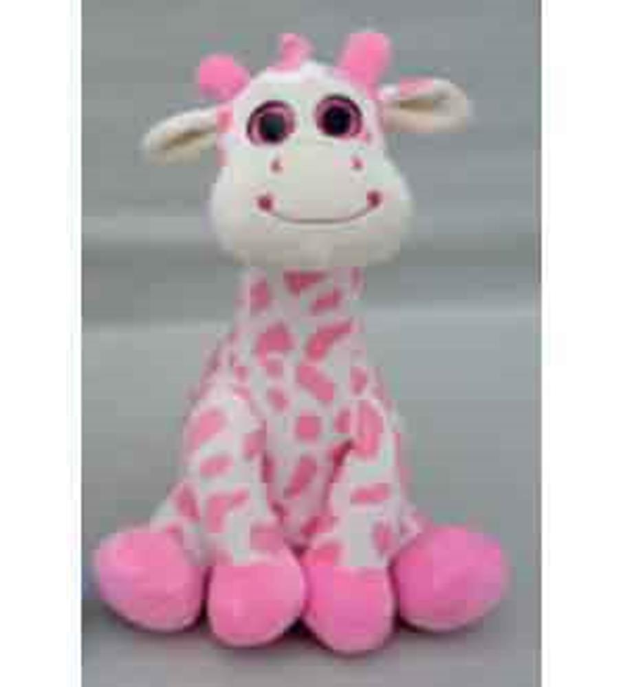 Small plush giraffe toy with pink and white spots, big black eyes, and rounded pink accents on ears, horns, and feet.