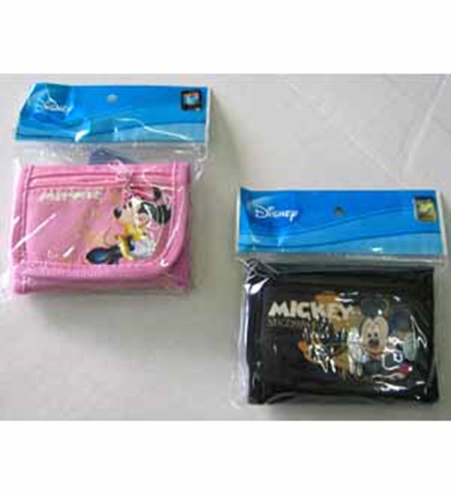 Two small Disney wallets, one pink with Minnie Mouse and the other black with Mickey Mouse, both in sealed packaging.