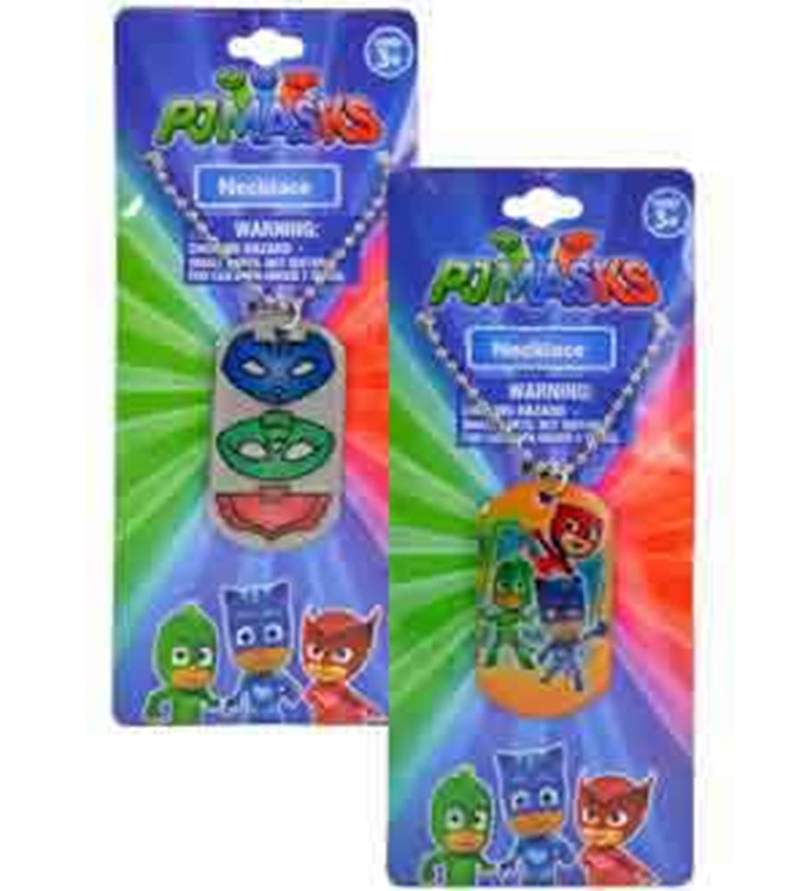 PJ Masks dog tag necklace with blue, green, and red character faces on an 18-inch silver chain in colorful branded packaging.