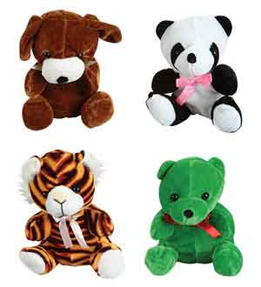 Set of four 6-inch plush animals including brown dog, black and white panda with pink bow, orange tiger with white accents,.