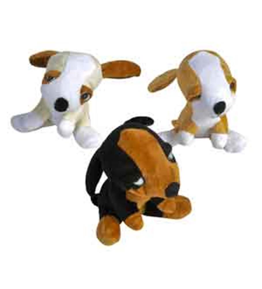 Set of three small plush dog toys in white and brown, brown and white, and black with brown, each about 4.5 inches long.
