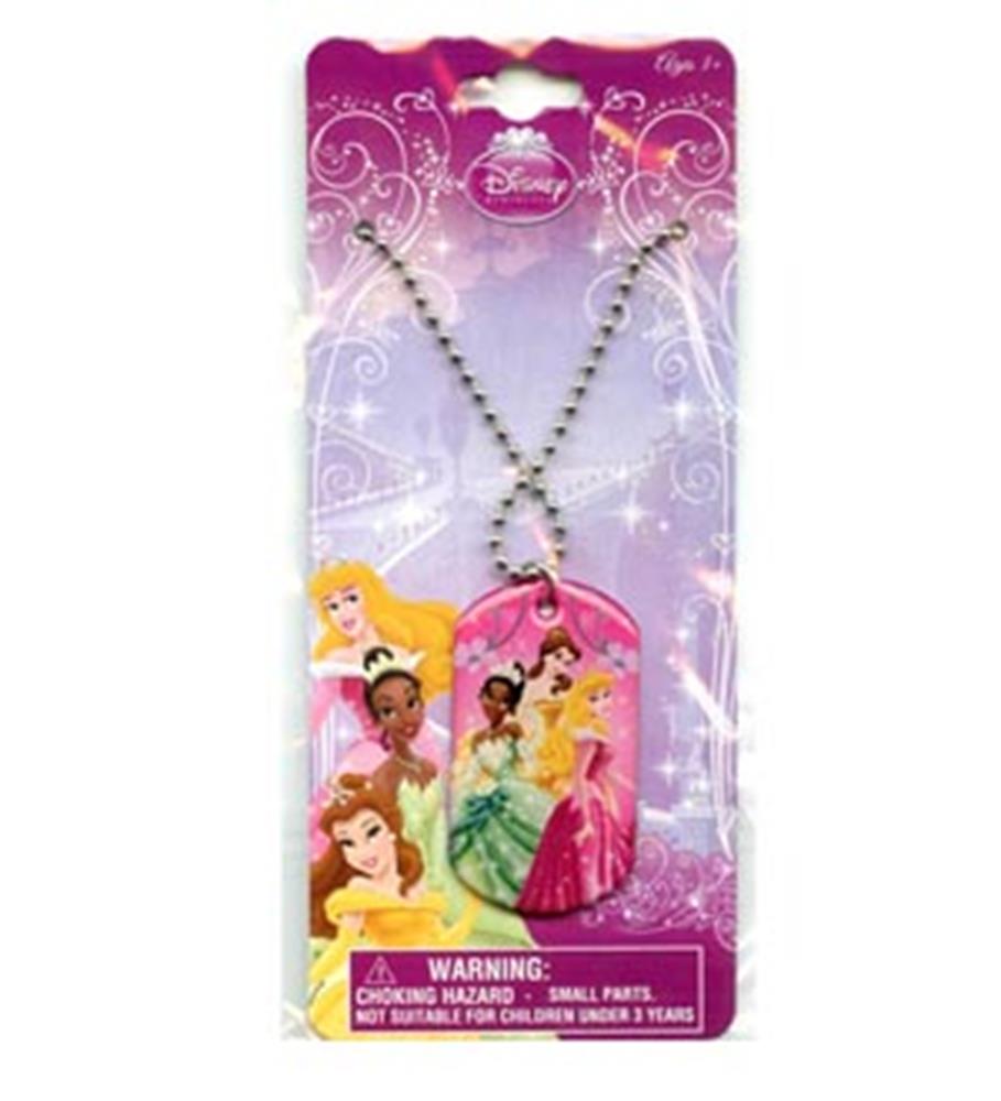 Silver metal dog tag necklace featuring colorful Disney princesses on pink background, 18-inch chain.