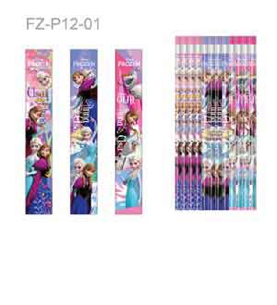 Set of 12 colorful wooden pencils featuring Disney Frozen characters Anna, Elsa, and Olaf with pink, purple, and blue.