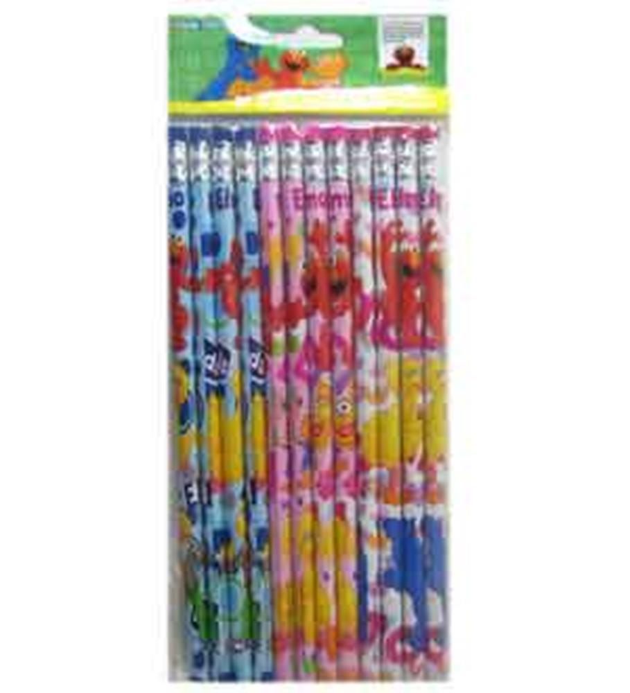 Pack of 12 wooden pencils featuring colorful Sesame Street characters in blue, pink, yellow, and green designs.