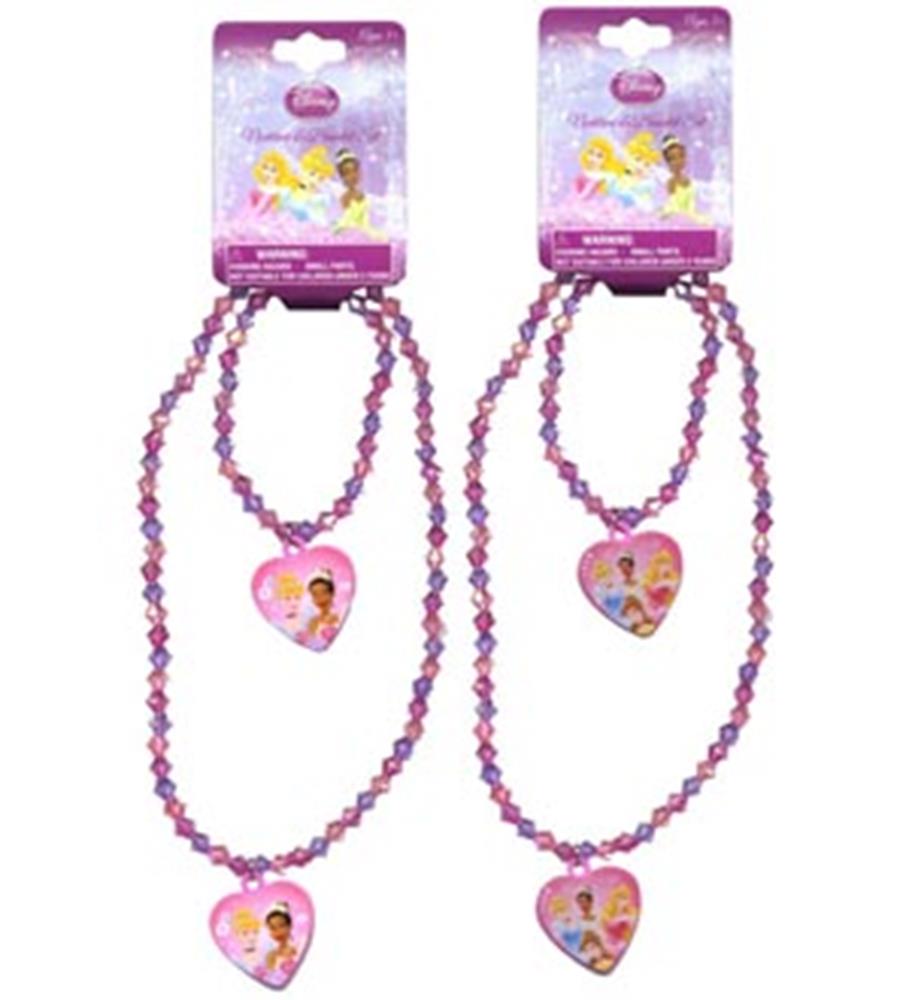 Pink beaded necklace and bracelet set with heart-shaped Disney princess pendants for girls.