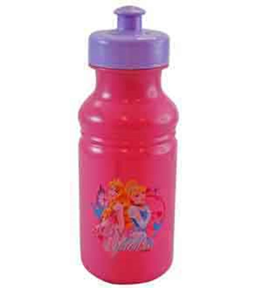 Pink plastic water bottle with purple lid featuring Disney Princesses and colorful floral accents.
