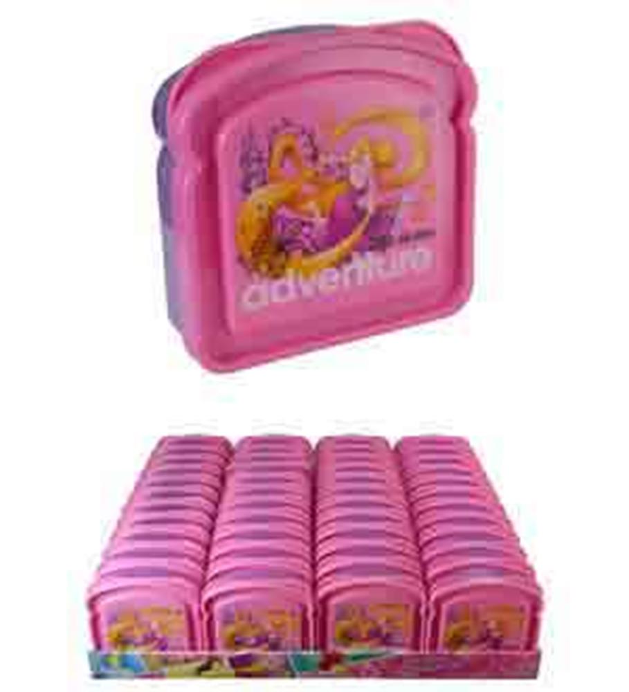 Small pink plastic bread box shaped container featuring a Disney princess design and the word "adventure" on the front.