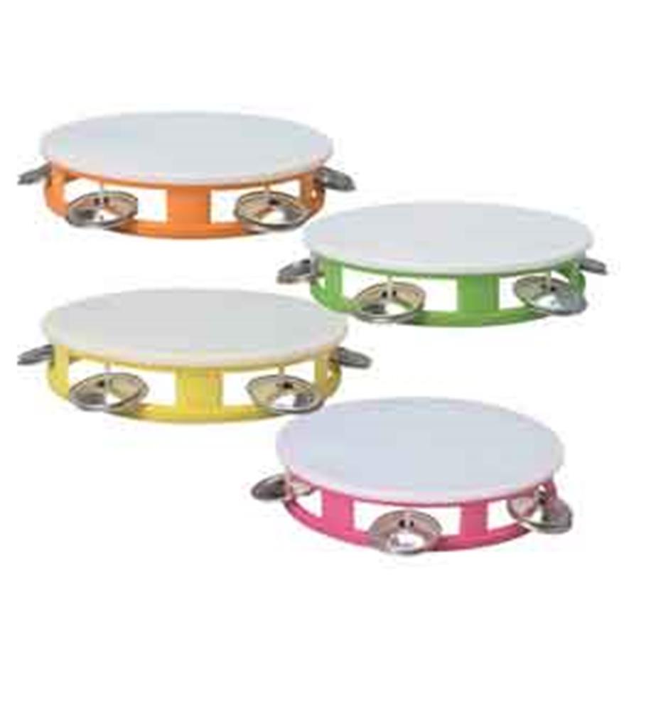 Set of four 5.5-inch tambourines in orange, green, yellow, and pink with white drumheads and metal jingles.