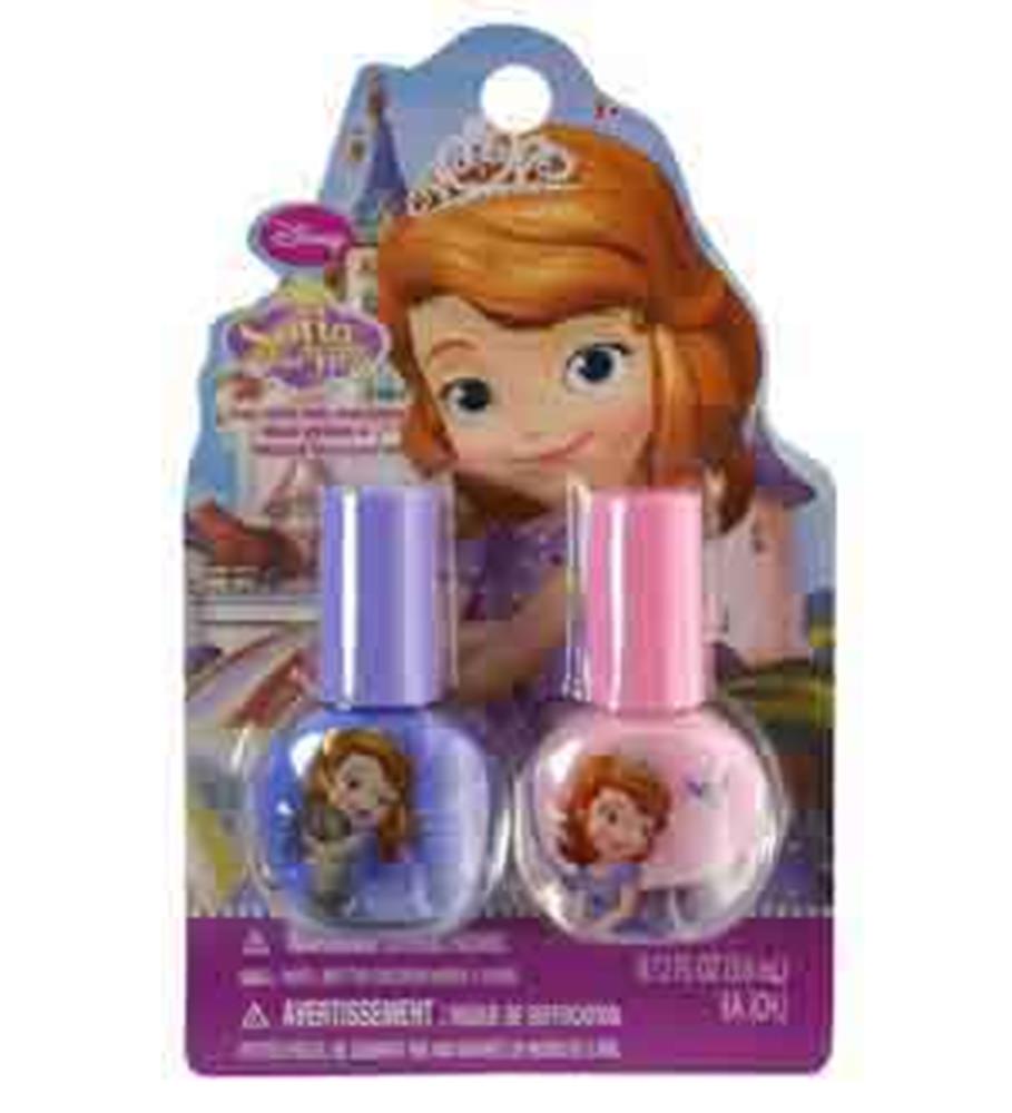 Two small nail polish bottles with purple and pink caps, featuring Sofia the First character labels in purple and pink.