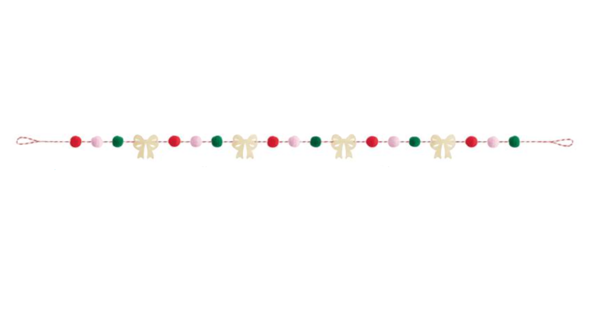 7ft garland with red and green felt pom poms and beige felt bows, vintage Christmas style.