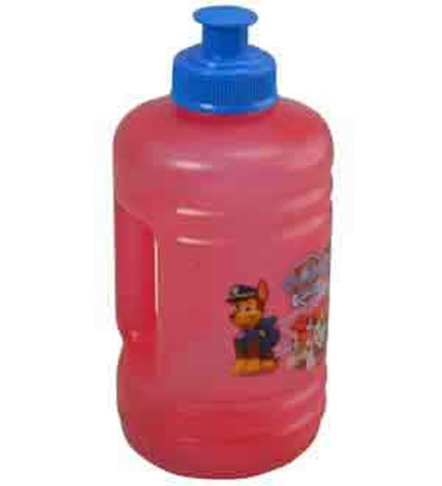Red translucent plastic water jug with blue flip-top lid and Paw Patrol character decals.