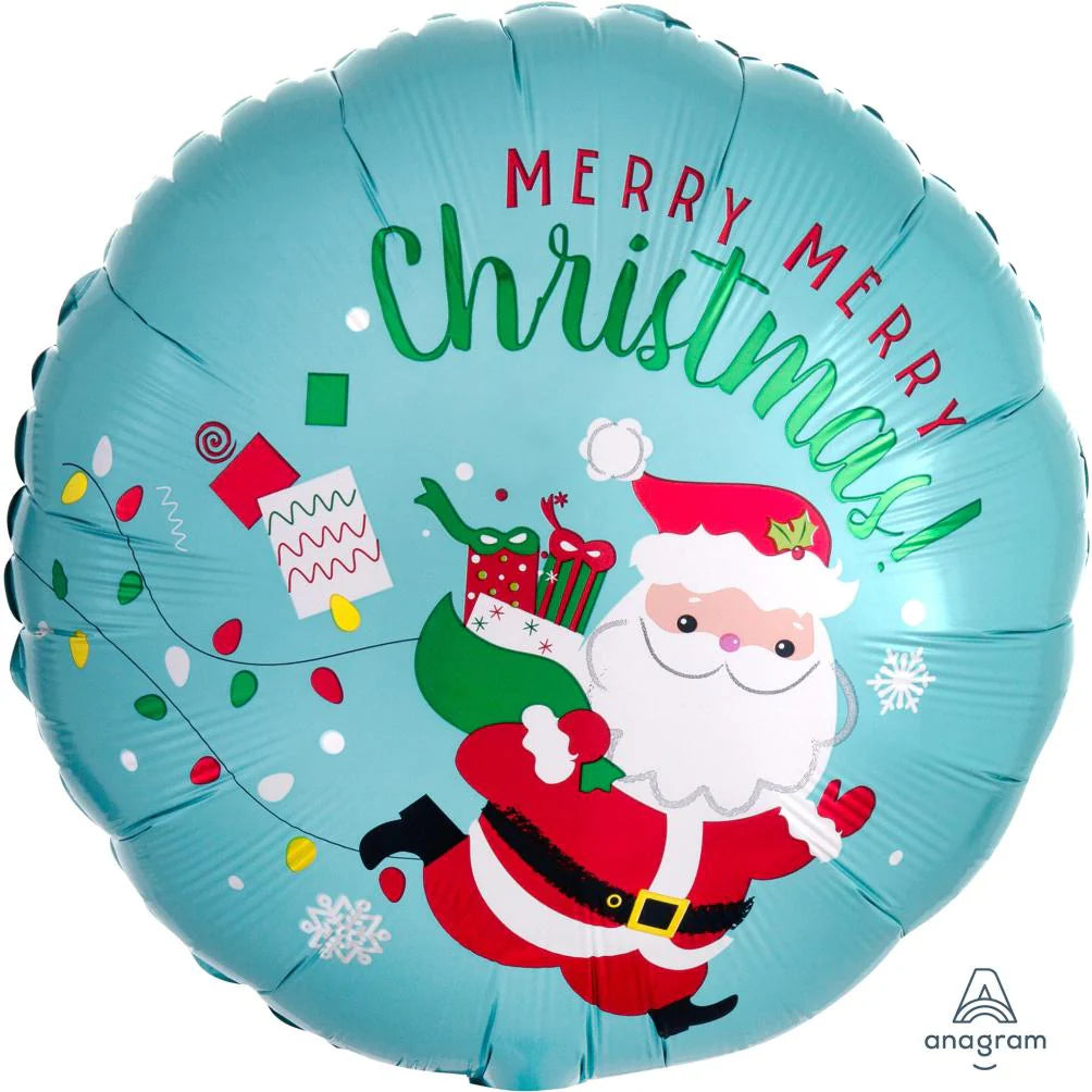 Round foil balloon in light blue with Santa carrying gifts and "Merry Merry Christmas" text in red and green.