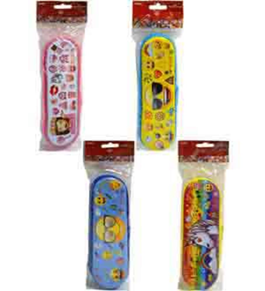 Set of four rectangular tin pencil cases featuring colorful emoji designs on pink, yellow, and two blue backgrounds.