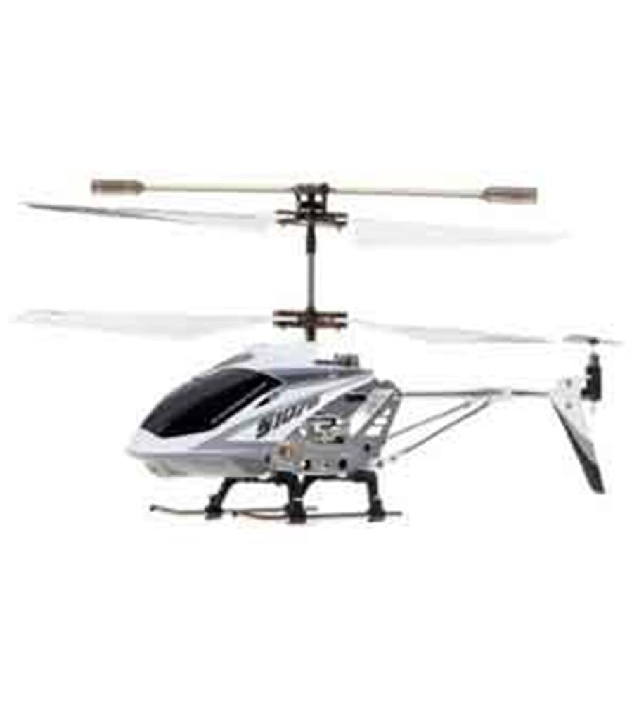 White and silver remote control helicopter with twin rotor blades and sleek aerodynamic design.