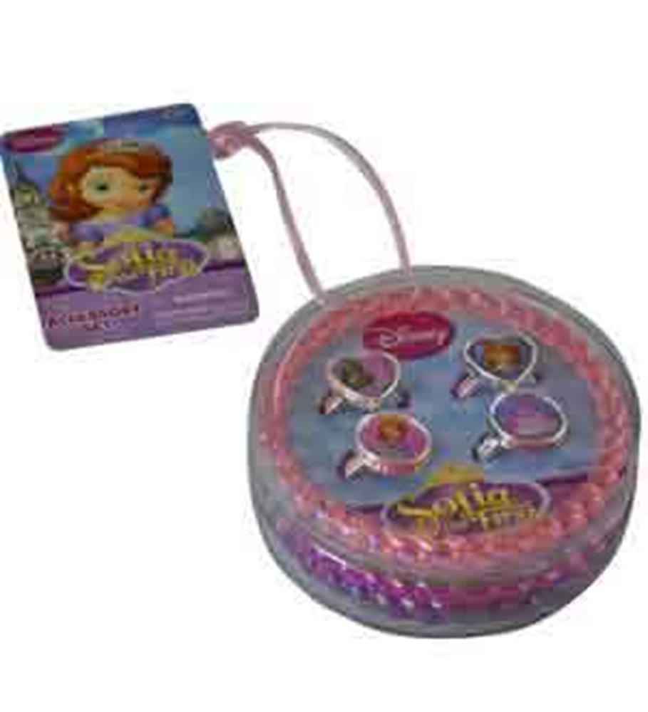 Set of eight Disney Sofia themed bangles and rings in pink and purple plastic with heart and floral designs, packaged in a.
