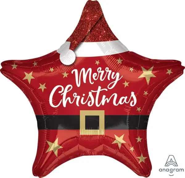 Red star-shaped foil balloon with Santa hat top, gold stars, black belt, and "Merry Christmas" text.