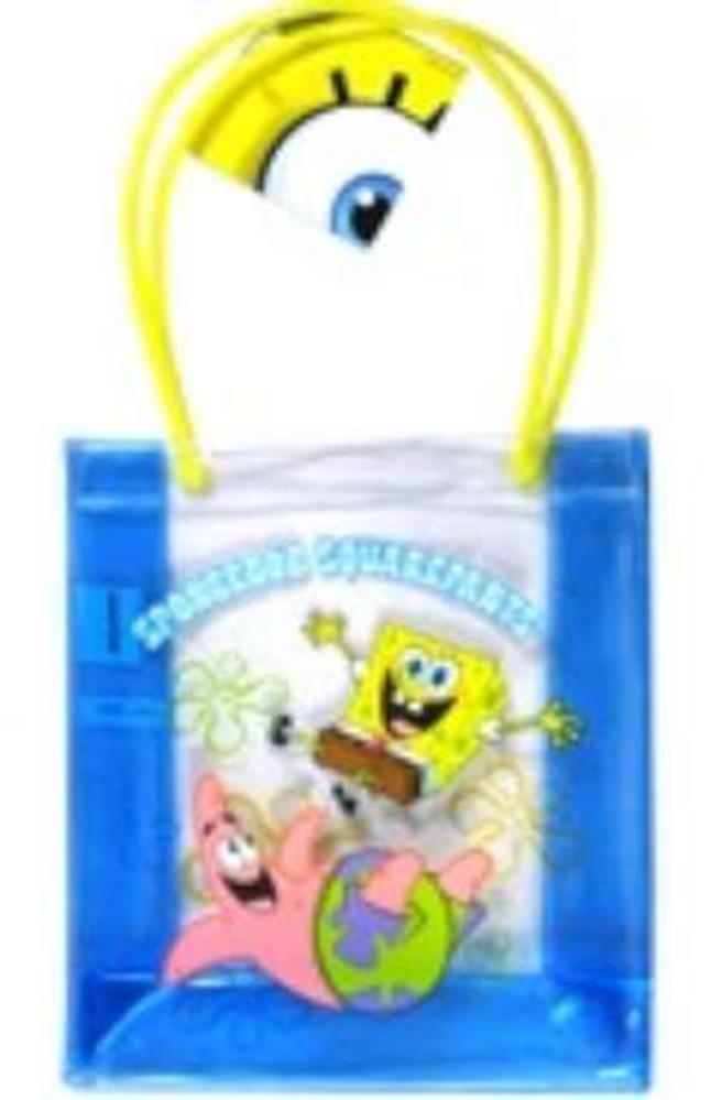 Transparent blue tote bag with yellow handles featuring SpongeBob and Patrick Star cartoon design.