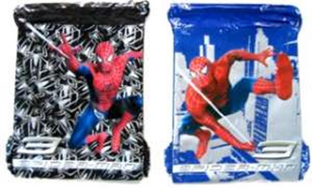 Two Spiderman string backpacks, one black with red and blue Spiderman climbing, the other blue with Spiderman swinging in.